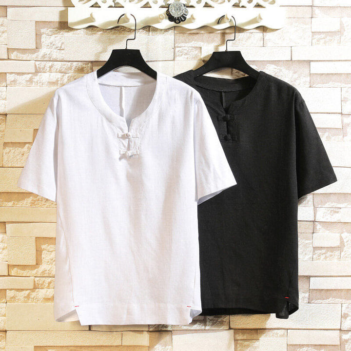 Koszula męska z krótkim rękawem z bawełny i lnu w jednolitym kolorze z nadrukiem „Buddha Stones Summer Chinese Frog-button” - image 12