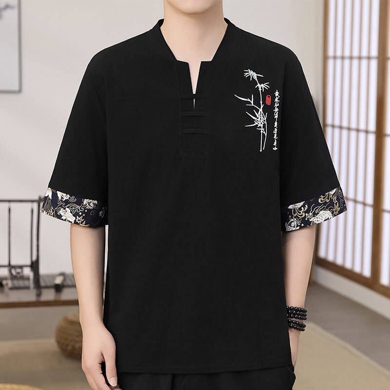 Buddha Stones Lato Haft Bambus Wzór Patchwork Design Męska Koszulka Z Pół Rękawem Bawełniano-Lenowym - Czarny - US/UK/AU46， EU56 (5XL) - image 1