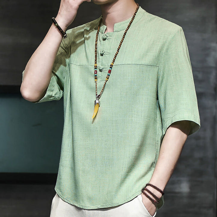 Buddha Stones Casual Vintage Chiński Żabka-Guzik Męska Koszulka Z Pół Rękawem Bawełniana Lniana - Wiosenna Zieleń - US/UK/AU46， EU56 (5XL) - image 13