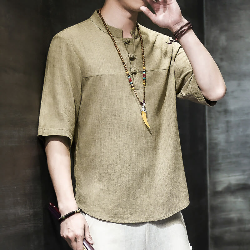 Buddha Stones Casual Vintage Chiński Żabka-Guzik Męska Koszulka Z Pół Rękawem Bawełniana Lniana - image 3