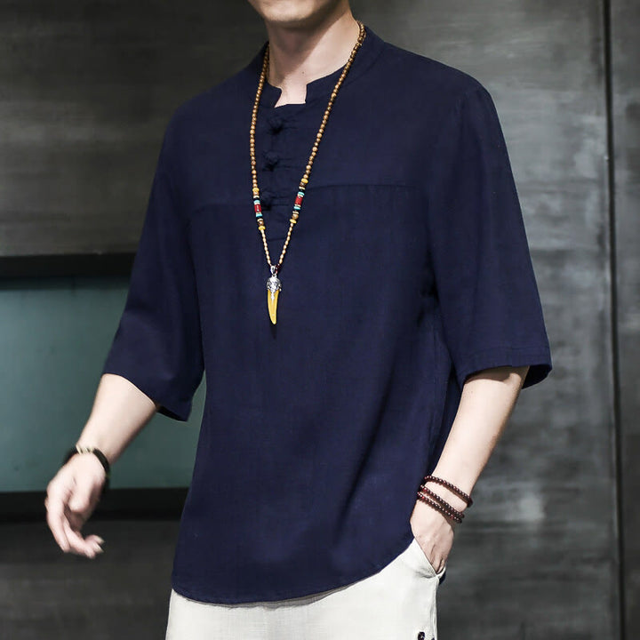 Buddha Stones Casual Vintage Chiński Żabka-Guzik Męska Koszulka Z Pół Rękawem Bawełniana Lniana - MidnightBlue - US/UK/AU46， EU56 (5XL) - image 19