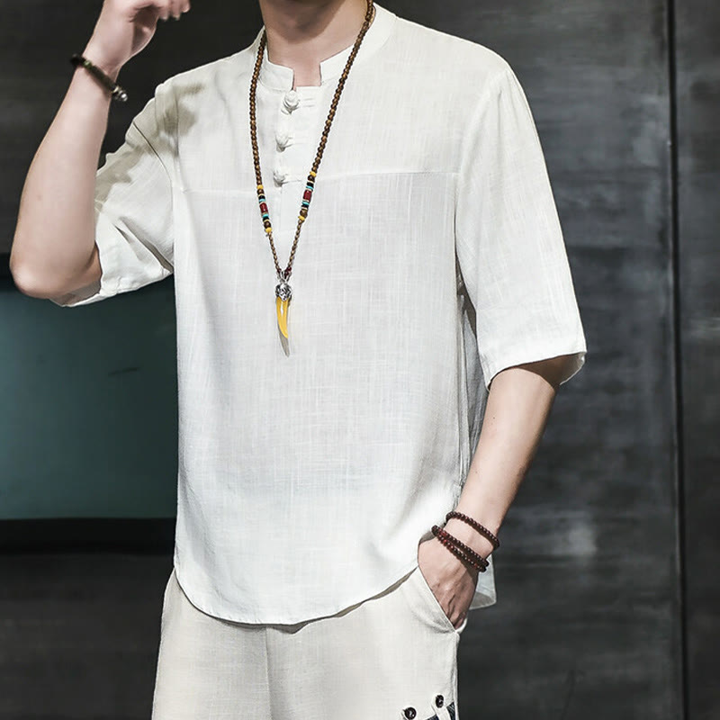 Buddha Stones Casual Vintage Chiński Żabka-Guzik Męska Koszulka Z Pół Rękawem Bawełniana Lniana - image 8