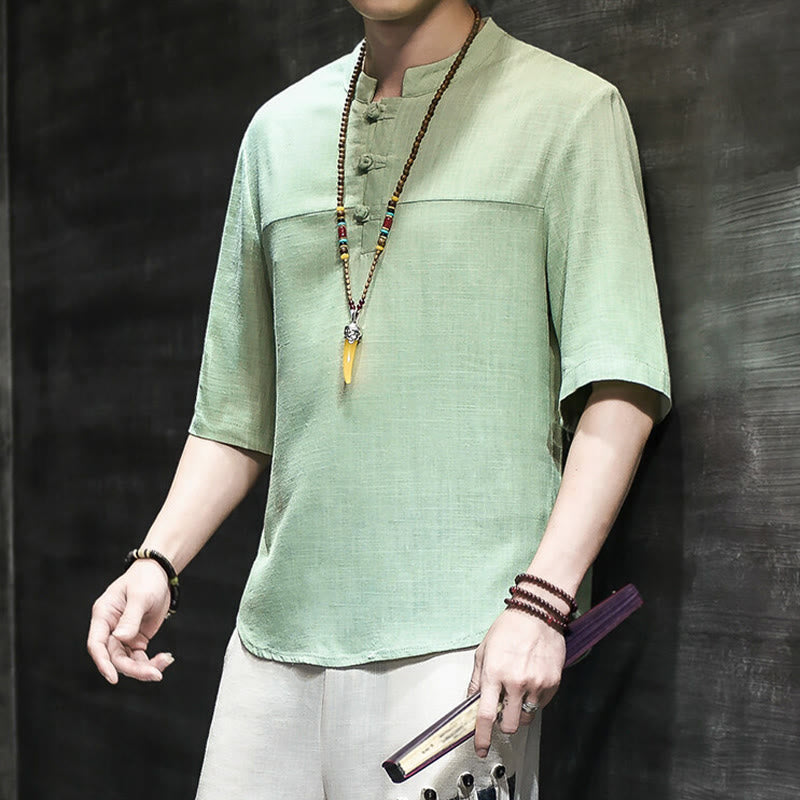 Buddha Stones Casual Vintage Chiński Żabka-Guzik Męska Koszulka Z Pół Rękawem Bawełniana Lniana - image 16