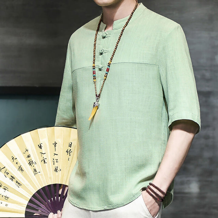 Buddha Stones Casual Vintage Chiński Żabka-Guzik Męska Koszulka Z Pół Rękawem Bawełniana Lniana - image 18