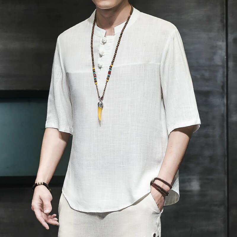 Buddha Stones Casual Vintage Chiński Żabka-Guzik Męska Koszulka Z Pół Rękawem Bawełniana Lniana - Biały - US/UK/AU46， EU56 (5XL) - image 7