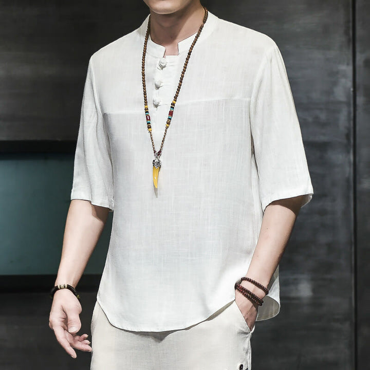 Buddha Stones Casual Vintage Chiński Żabka-Guzik Męska Koszulka Z Pół Rękawem Bawełniana Lniana - Biały - US/UK/AU46， EU56 (5XL) - image 7