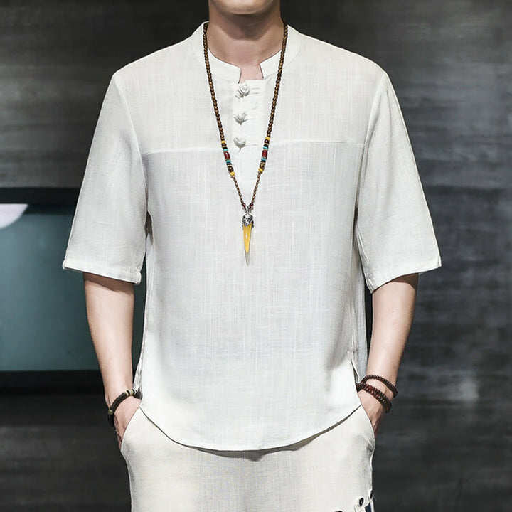 Buddha Stones Casual Vintage Chiński Żabka-Guzik Męska Koszulka Z Pół Rękawem Bawełniana Lniana - image 9