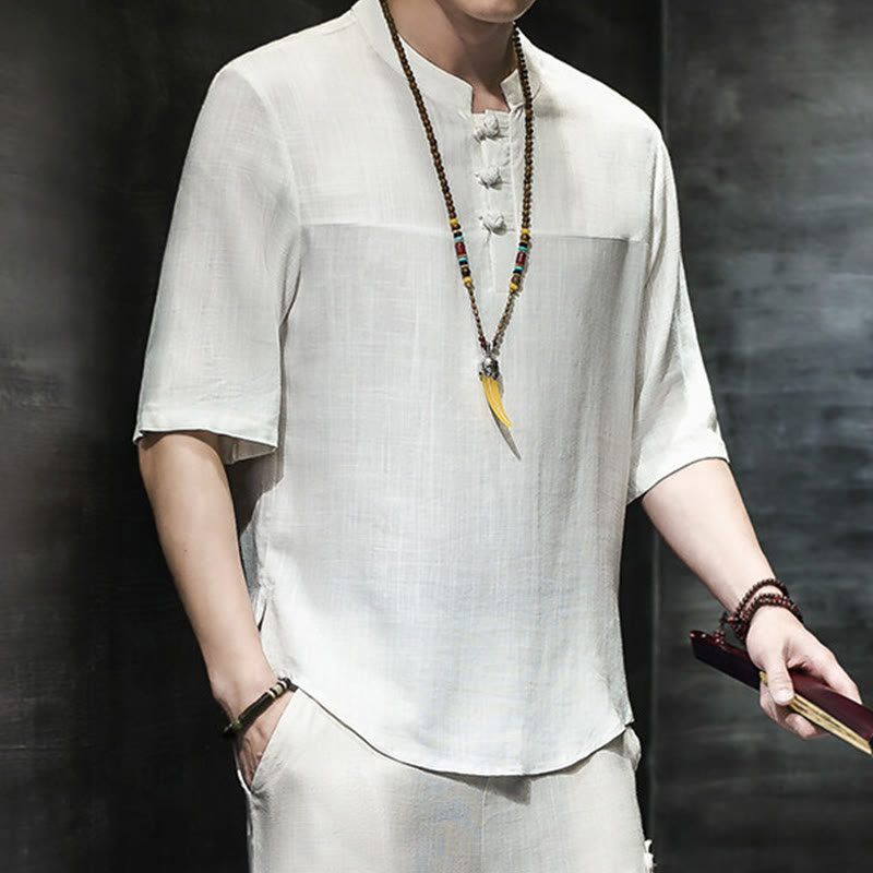 Buddha Stones Casual Vintage Chiński Żabka-Guzik Męska Koszulka Z Pół Rękawem Bawełniana Lniana - image 12