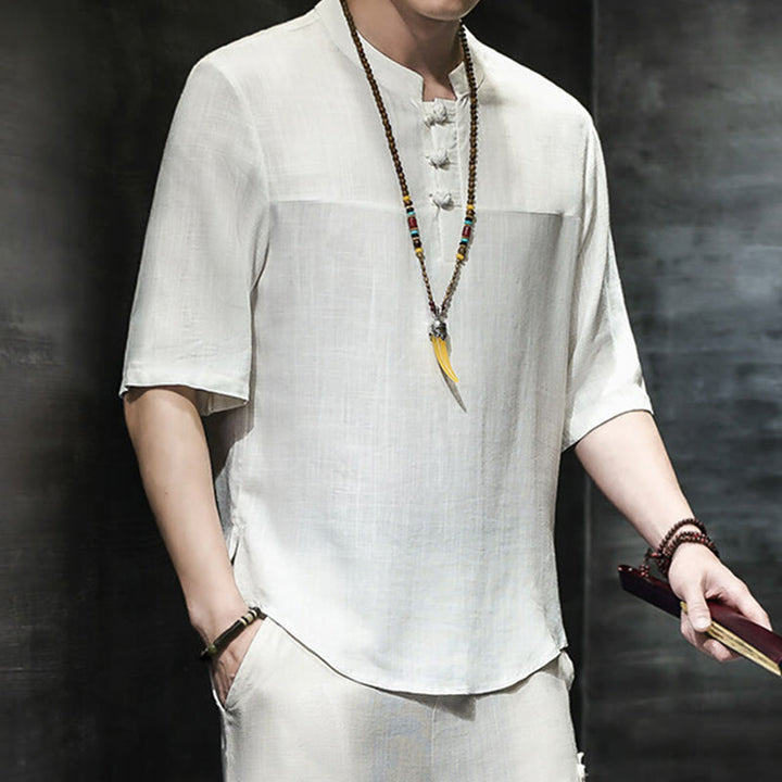 Buddha Stones Casual Vintage Chiński Żabka-Guzik Męska Koszulka Z Pół Rękawem Bawełniana Lniana - image 12