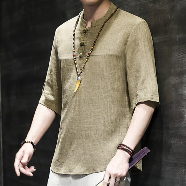 Buddha Stones Casual Vintage Chiński Żabka-Guzik Męska Koszulka Z Pół Rękawem Bawełniana Lniana - image 5