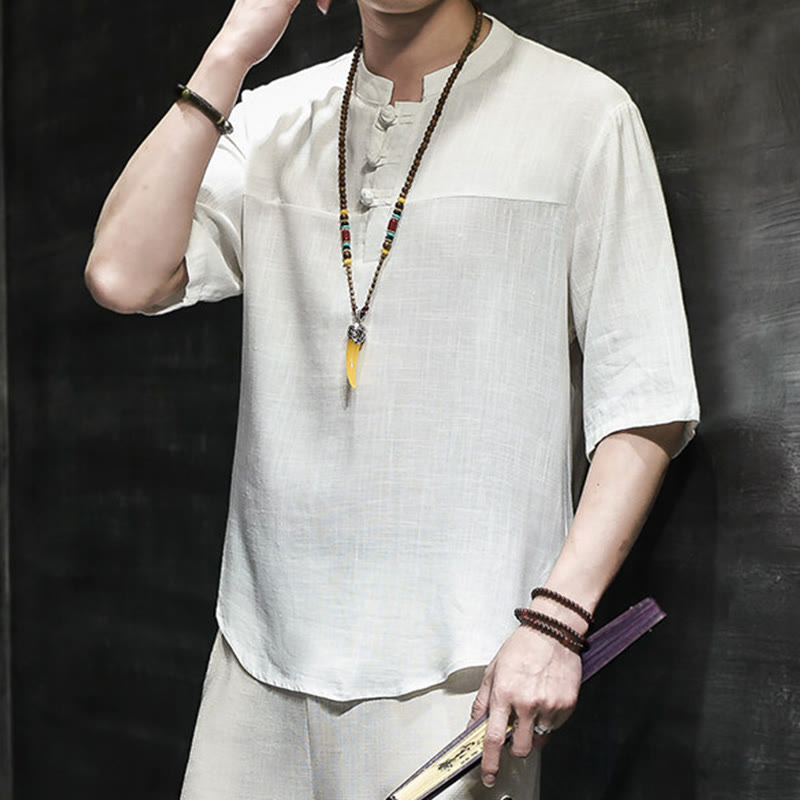 Buddha Stones Casual Vintage Chiński Żabka-Guzik Męska Koszulka Z Pół Rękawem Bawełniana Lniana - image 11