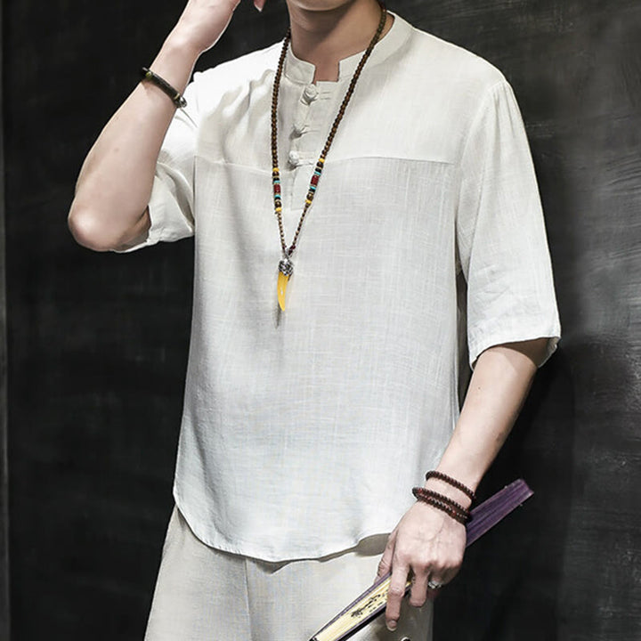 Buddha Stones Casual Vintage Chiński Żabka-Guzik Męska Koszulka Z Pół Rękawem Bawełniana Lniana - image 11