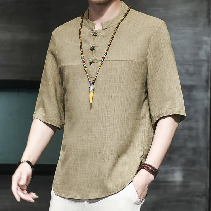 Buddha Stones Casual Vintage Chiński Żabka-Guzik Męska Koszulka Z Pół Rękawem Bawełniana Lniana - Ciemny Khaki - US/UK/AU46， EU56 (5XL) - image 0