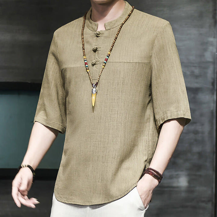 Buddha Stones Casual Vintage Chiński Żabka-Guzik Męska Koszulka Z Pół Rękawem Bawełniana Lniana - Ciemny Khaki - US/UK/AU46， EU56 (5XL) - image 0