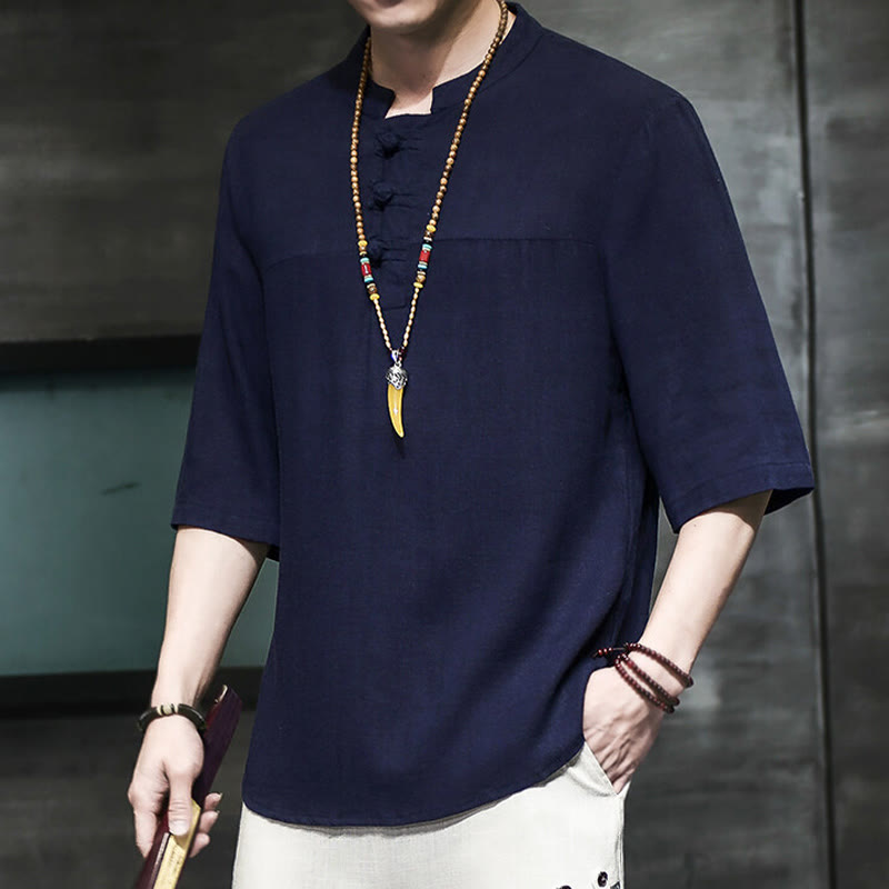 Buddha Stones Casual Vintage Chiński Żabka-Guzik Męska Koszulka Z Pół Rękawem Bawełniana Lniana - image 22