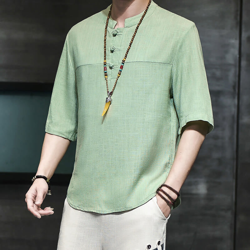 Buddha Stones Casual Vintage Chiński Żabka-Guzik Męska Koszulka Z Pół Rękawem Bawełniana Lniana - image 15