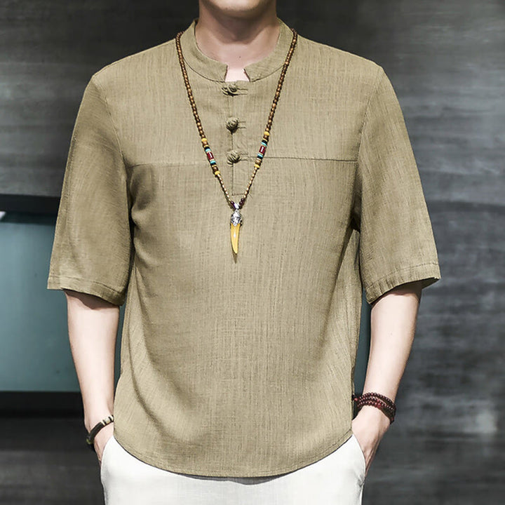 Buddha Stones Casual Vintage Chiński Żabka-Guzik Męska Koszulka Z Pół Rękawem Bawełniana Lniana - image 2