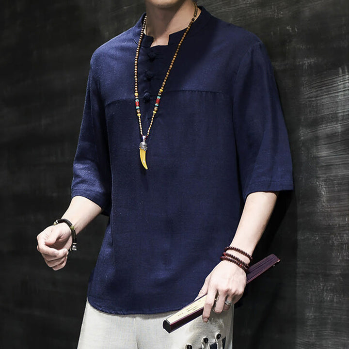 Buddha Stones Casual Vintage Chiński Żabka-Guzik Męska Koszulka Z Pół Rękawem Bawełniana Lniana - image 23