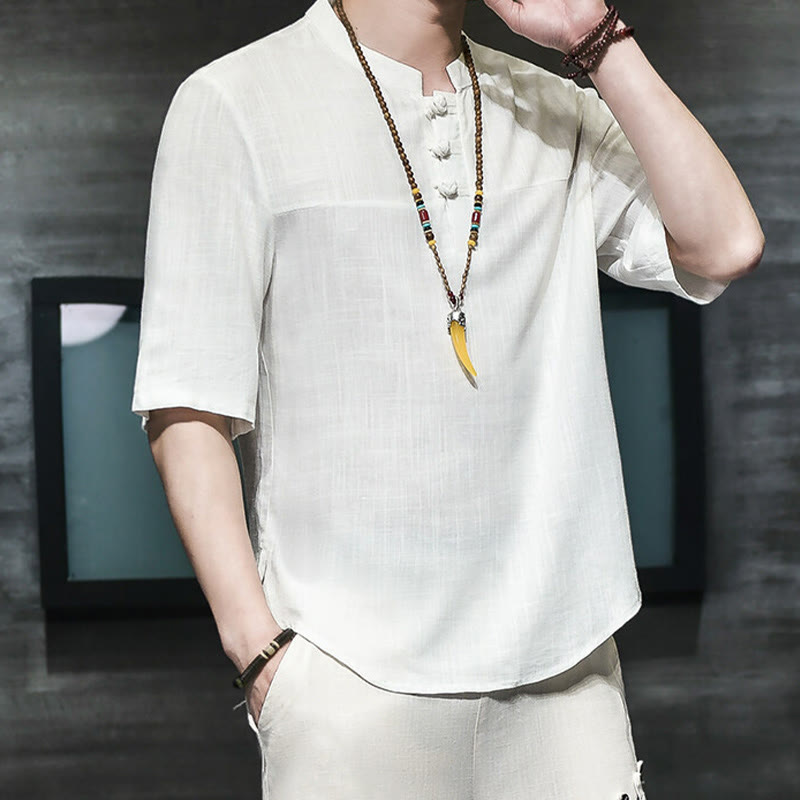 Buddha Stones Casual Vintage Chiński Żabka-Guzik Męska Koszulka Z Pół Rękawem Bawełniana Lniana - image 10