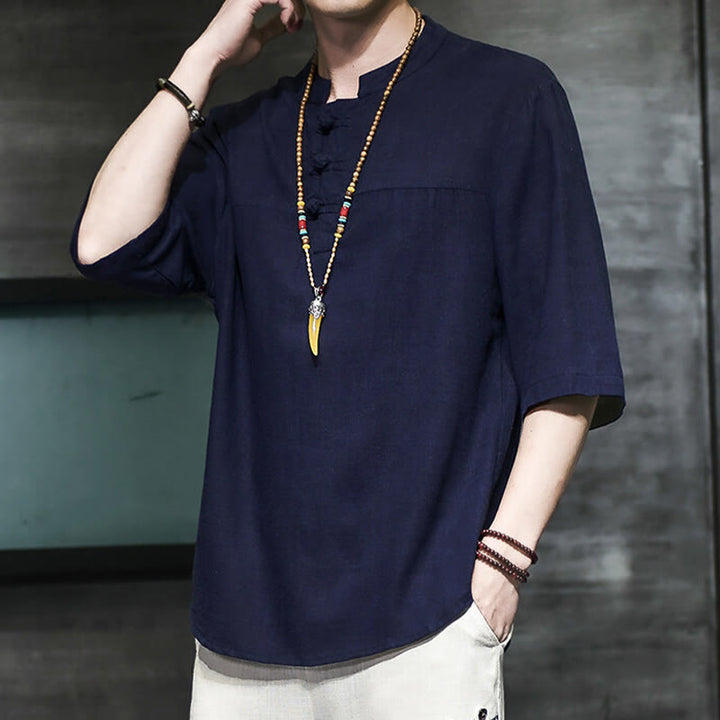 Buddha Stones Casual Vintage Chiński Żabka-Guzik Męska Koszulka Z Pół Rękawem Bawełniana Lniana - image 20