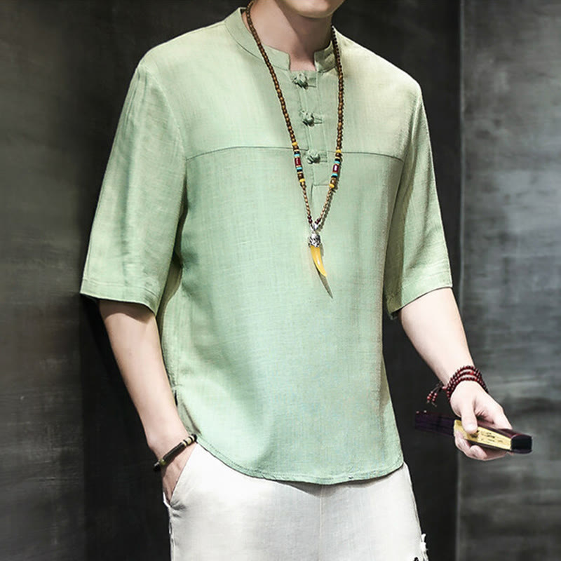 Buddha Stones Casual Vintage Chiński Żabka-Guzik Męska Koszulka Z Pół Rękawem Bawełniana Lniana - image 17