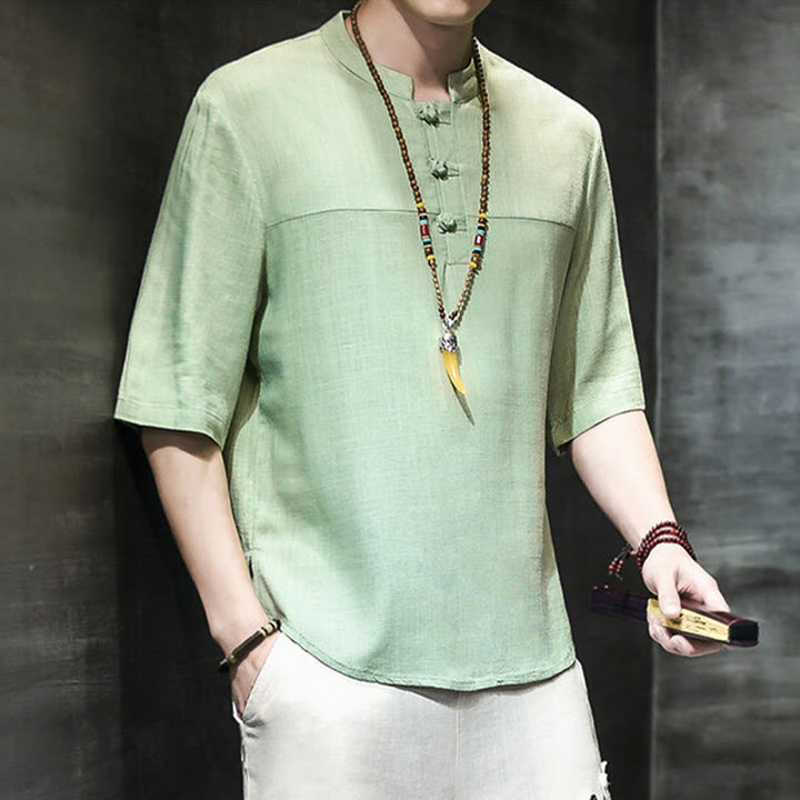 Buddha Stones Casual Vintage Chiński Żabka-Guzik Męska Koszulka Z Pół Rękawem Bawełniana Lniana - image 17