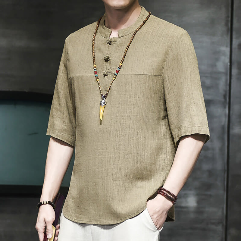 Buddha Stones Casual Vintage Chiński Żabka-Guzik Męska Koszulka Z Pół Rękawem Bawełniana Lniana - image 4