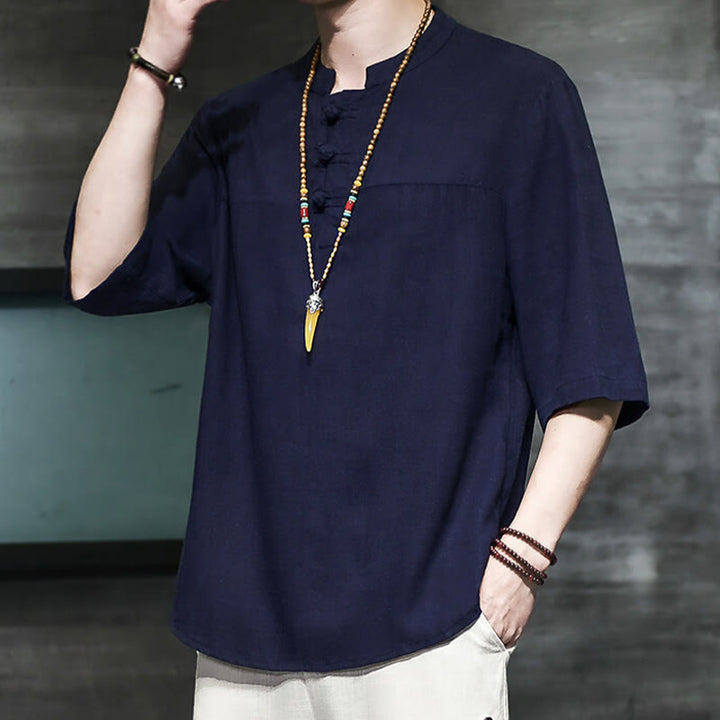 Buddha Stones Casual Vintage Chiński Żabka-Guzik Męska Koszulka Z Pół Rękawem Bawełniana Lniana - image 21