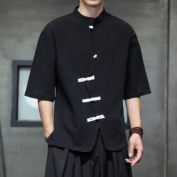 Koszula męska z krótkim rękawem, bawełniana, lniana, z kołnierzykiem stojącym i guzikami w kształcie Buddha Stones - image 5