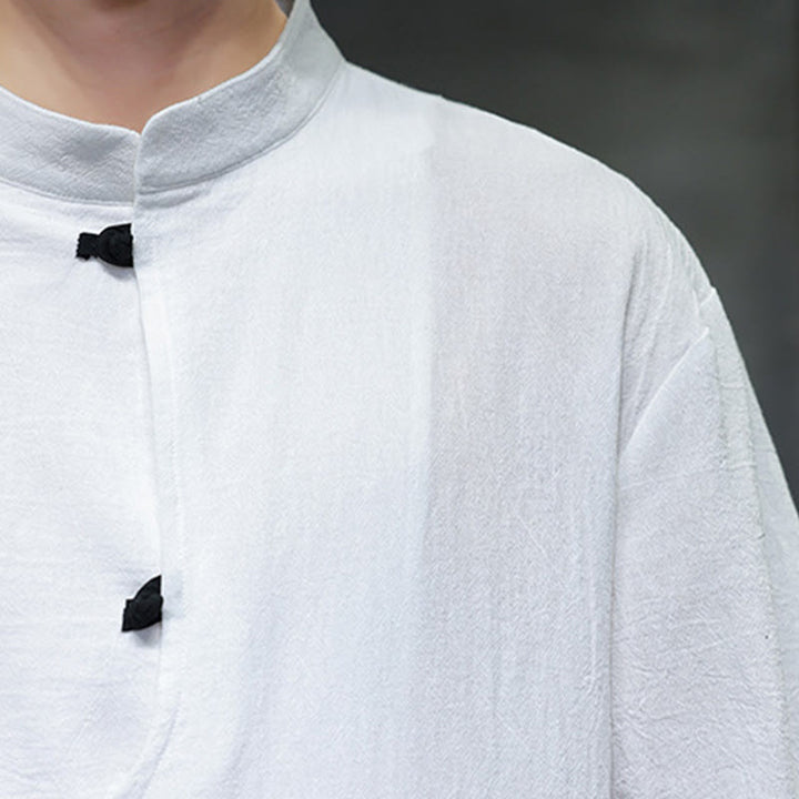 Koszula męska z krótkim rękawem, bawełniana, lniana, z kołnierzykiem stojącym i guzikami w kształcie Buddha Stones - image 10