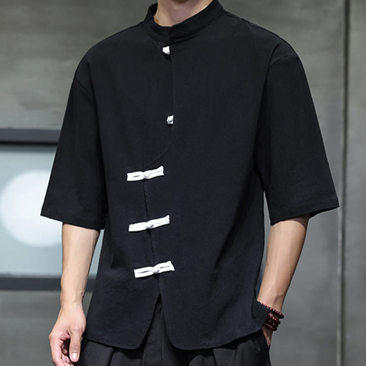 Koszula męska z krótkim rękawem, bawełniana, lniana, z kołnierzykiem stojącym i guzikami w kształcie Buddha Stones - image 3