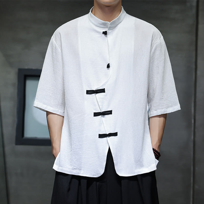 Koszula męska z krótkim rękawem, bawełniana, lniana, z kołnierzykiem stojącym i guzikami w kształcie Buddha Stones - image 7