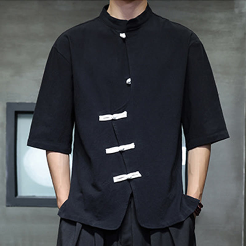 Koszula męska z krótkim rękawem, bawełniana, lniana, z kołnierzykiem stojącym i guzikami w kształcie Buddha Stones - image 1