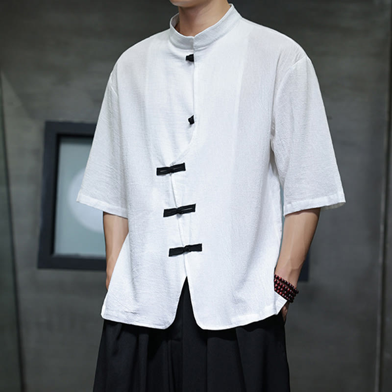 Koszula męska z krótkim rękawem, bawełniana, lniana, z kołnierzykiem stojącym i guzikami w kształcie Buddha Stones - image 8