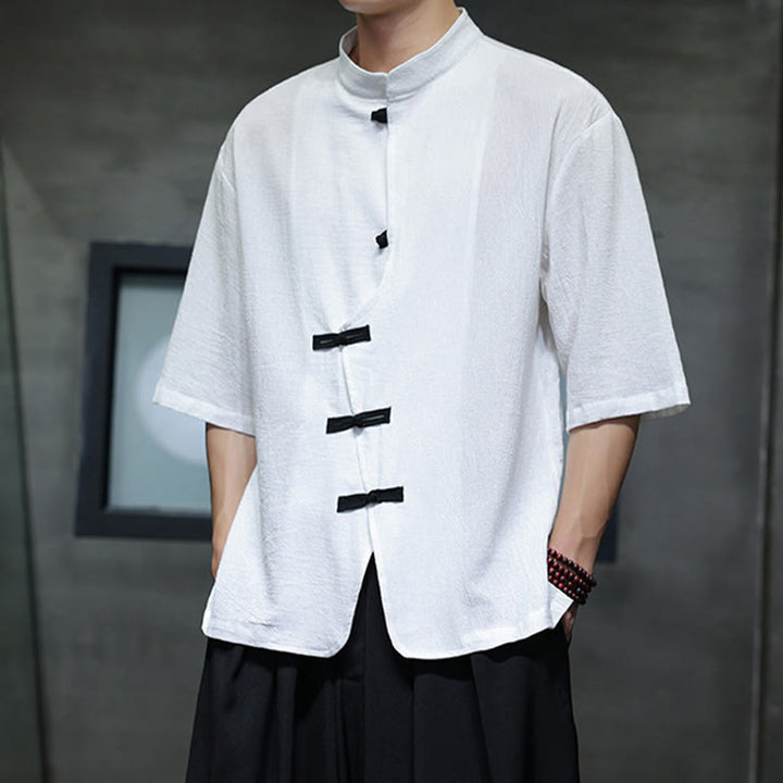 Koszula męska z krótkim rękawem, bawełniana, lniana, z kołnierzykiem stojącym i guzikami w kształcie Buddha Stones - image 8