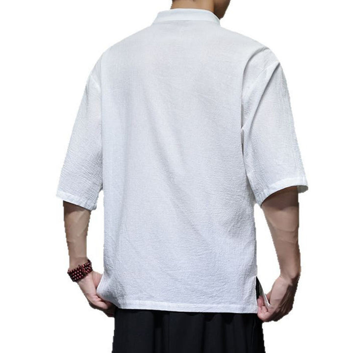 Koszula męska z krótkim rękawem, bawełniana, lniana, z kołnierzykiem stojącym i guzikami w kształcie Buddha Stones - image 13