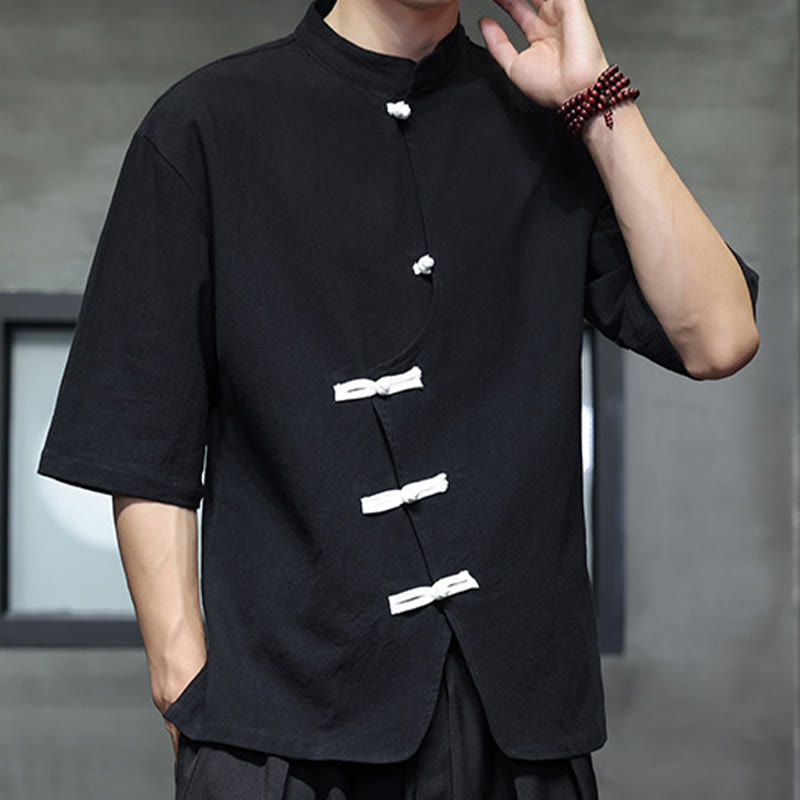 Koszula męska z krótkim rękawem, bawełniana, lniana, z kołnierzykiem stojącym i guzikami w kształcie Buddha Stones - Czarny - US/UK/AU46， EU56 (5XL) - image 0