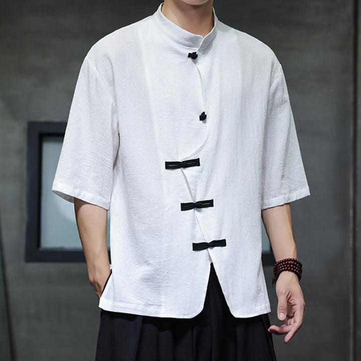 Koszula męska z krótkim rękawem, bawełniana, lniana, z kołnierzykiem stojącym i guzikami w kształcie Buddha Stones - Biały - US/UK/AU46， EU56 (5XL) - image 6