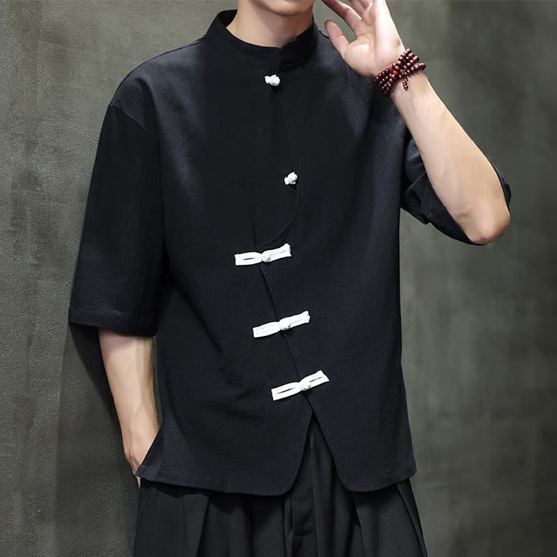 Koszula męska z krótkim rękawem, bawełniana, lniana, z kołnierzykiem stojącym i guzikami w kształcie Buddha Stones - image 4