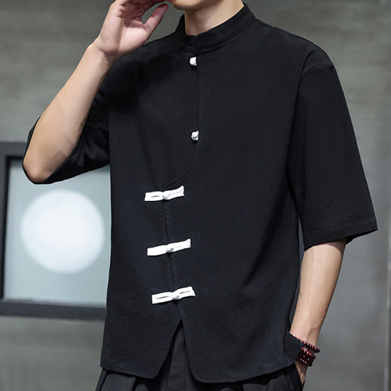 Koszula męska z krótkim rękawem, bawełniana, lniana, z kołnierzykiem stojącym i guzikami w kształcie Buddha Stones - image 2