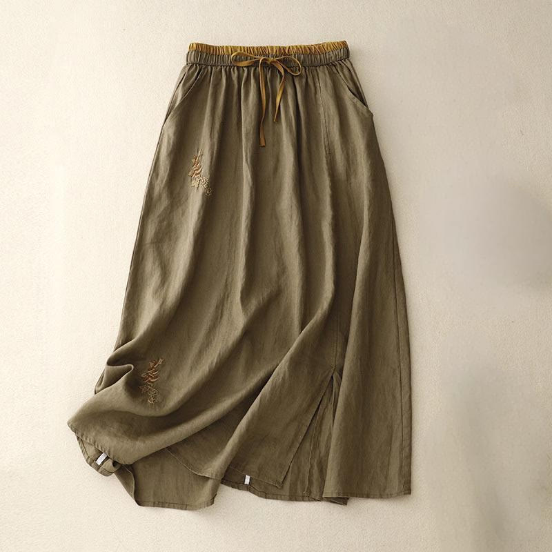 Spódnica damska ze ściągaczem i kieszeniami, vintage, z haftowanymi Buddha Stones - Oliwka - US8-10，UK/AU12-14，EU40-42 (2XL) - image 0