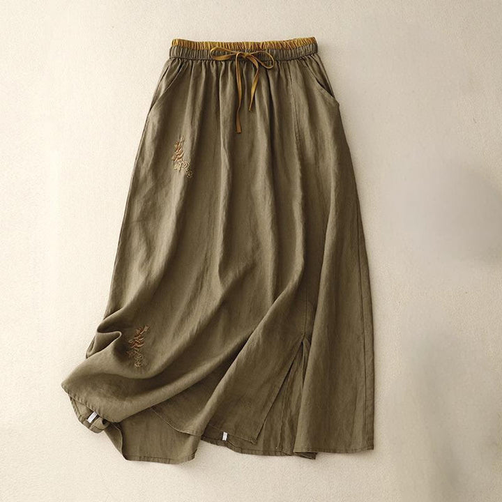 Spódnica damska ze ściągaczem i kieszeniami, vintage, z haftowanymi Buddha Stones - Oliwka - US8-10，UK/AU12-14，EU40-42 (2XL) - image 0