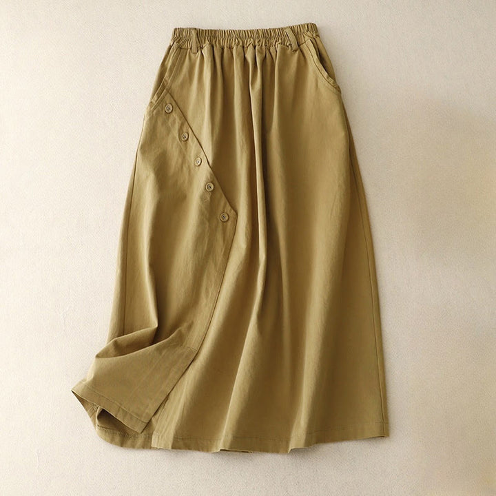 Spódnica damska z kieszeniami Buddha Stones Casual Plain Asymetryczny Guzik Wzór Bawełna