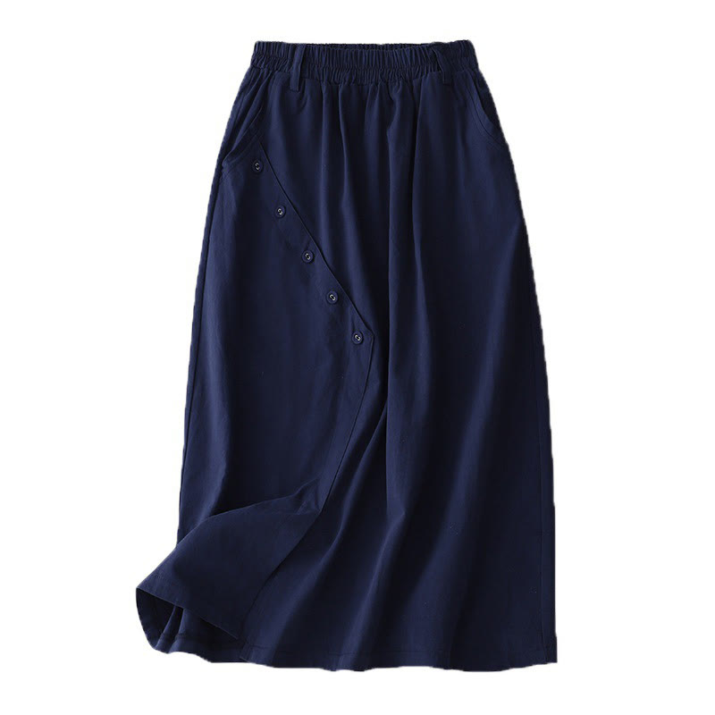 Spódnica damska z kieszeniami Buddha Stones Casual Plain Asymetryczny Guzik Wzór Bawełna