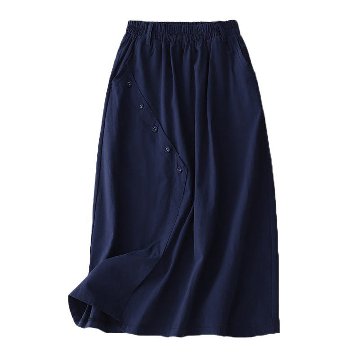 Spódnica damska z kieszeniami Buddha Stones Casual Plain Asymetryczny Guzik Wzór Bawełna