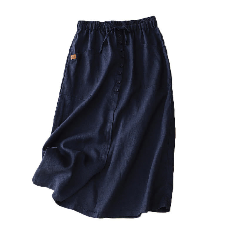 Spódnica damska z bawełny i lnu Buddha Stones Spring Lace-Up z rozcięciem na guziki i kieszeniami - image 6