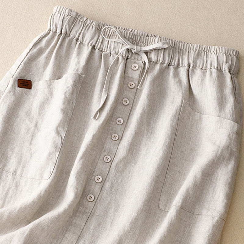 Spódnica damska z bawełny i lnu Buddha Stones Spring Lace-Up z rozcięciem na guziki i kieszeniami - image 1
