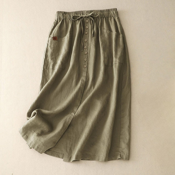 Spódnica damska z bawełny i lnu Buddha Stones Spring Lace-Up z rozcięciem na guziki i kieszeniami - Oliwkowy - US8-10，UK/AU12-14，EU40-42 (2XL) - image 2