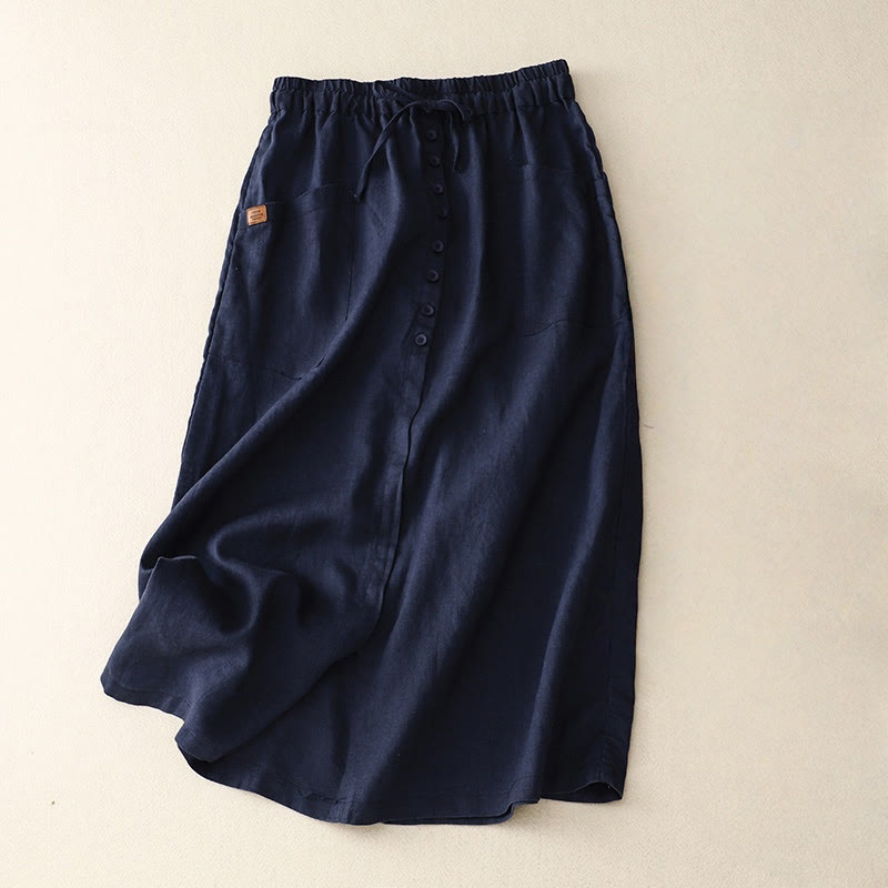 Spódnica damska z bawełny i lnu Buddha Stones Spring Lace-Up z rozcięciem na guziki i kieszeniami - MidnightBlue - US8-10，UK/AU12-14，EU40-42 (2XL) - image 4