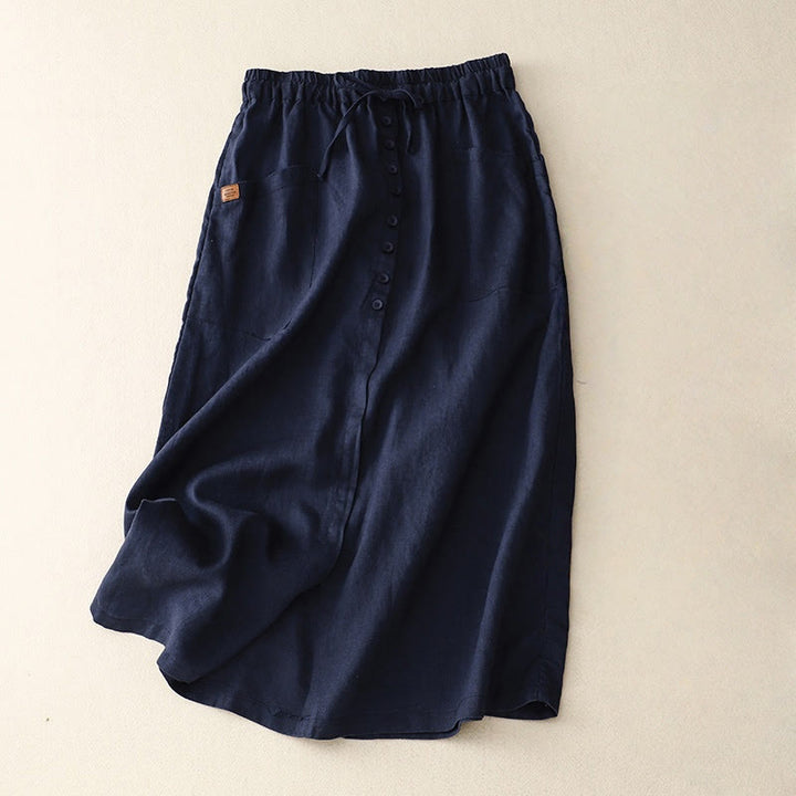 Spódnica damska z bawełny i lnu Buddha Stones Spring Lace-Up z rozcięciem na guziki i kieszeniami - MidnightBlue - US8-10，UK/AU12-14，EU40-42 (2XL) - image 4